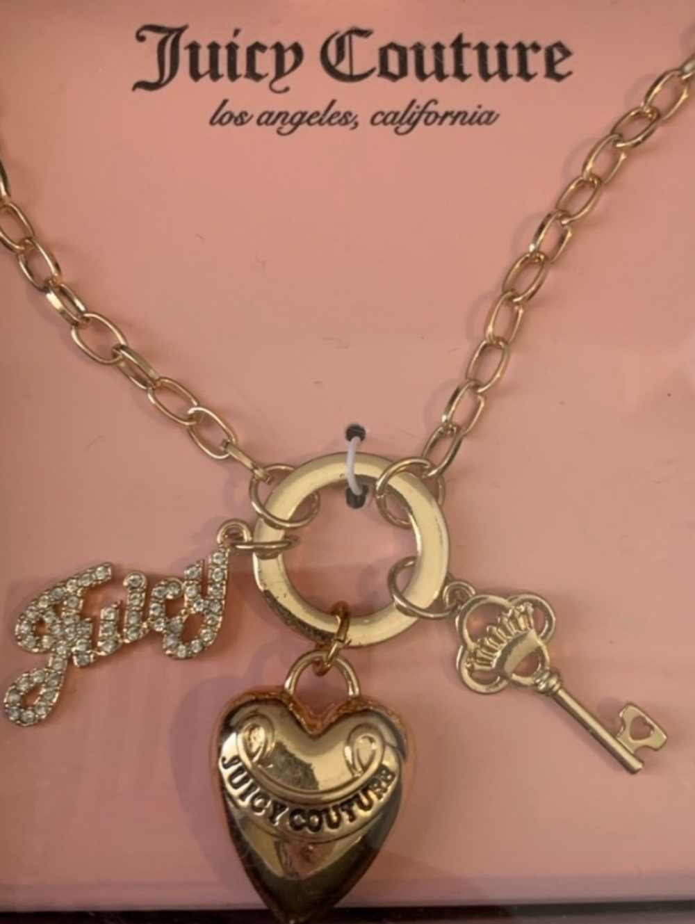 Juicy Couture Heart Crystal Logo Key Charm Pendant Necklace